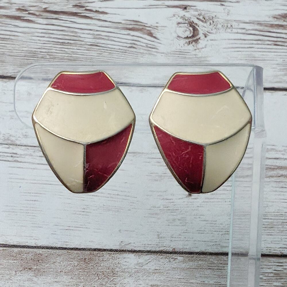 Vintage Clip On Earrings Cream & Red Unusual Shape - Condition Issues